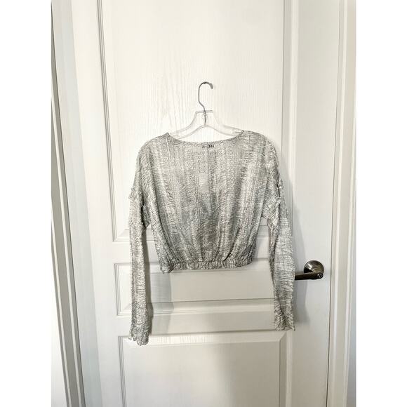 Zara Printed Lace Top with Frills Silver Gray White Small New - Picture 5 of 11